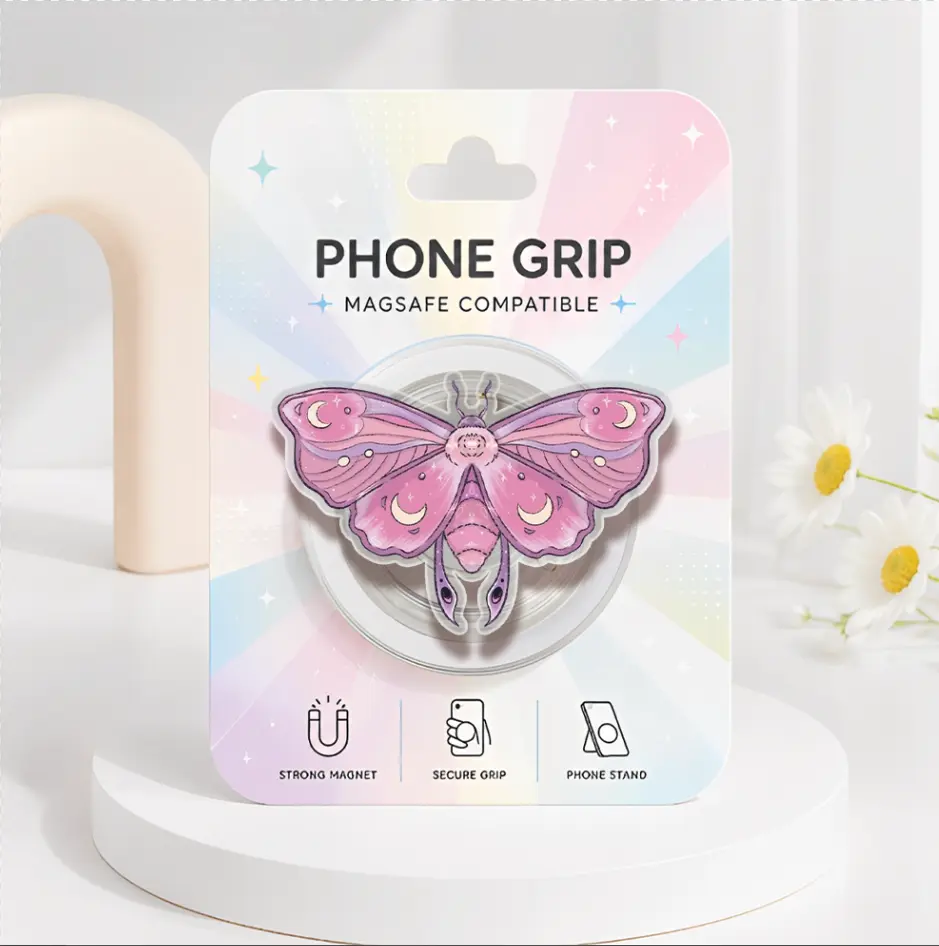 Celestial Pink Moth MagSafe Phone Grip, Cute Mothman Acrylic Phone Holder, Kawaii Insect Kindle Grip, Aesthetic Death Moth Phone Accessories, Magic Bug Pop Socket