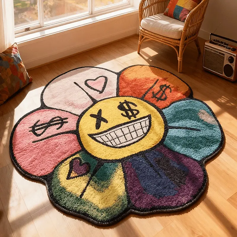 Colorful Irregular Smiling Cartoon Floral Print Flower Rug, Modern Creative Fashion Street Art Carpet, Washable Easy Care Plush Mat for Living Room Bedroom Area Rug