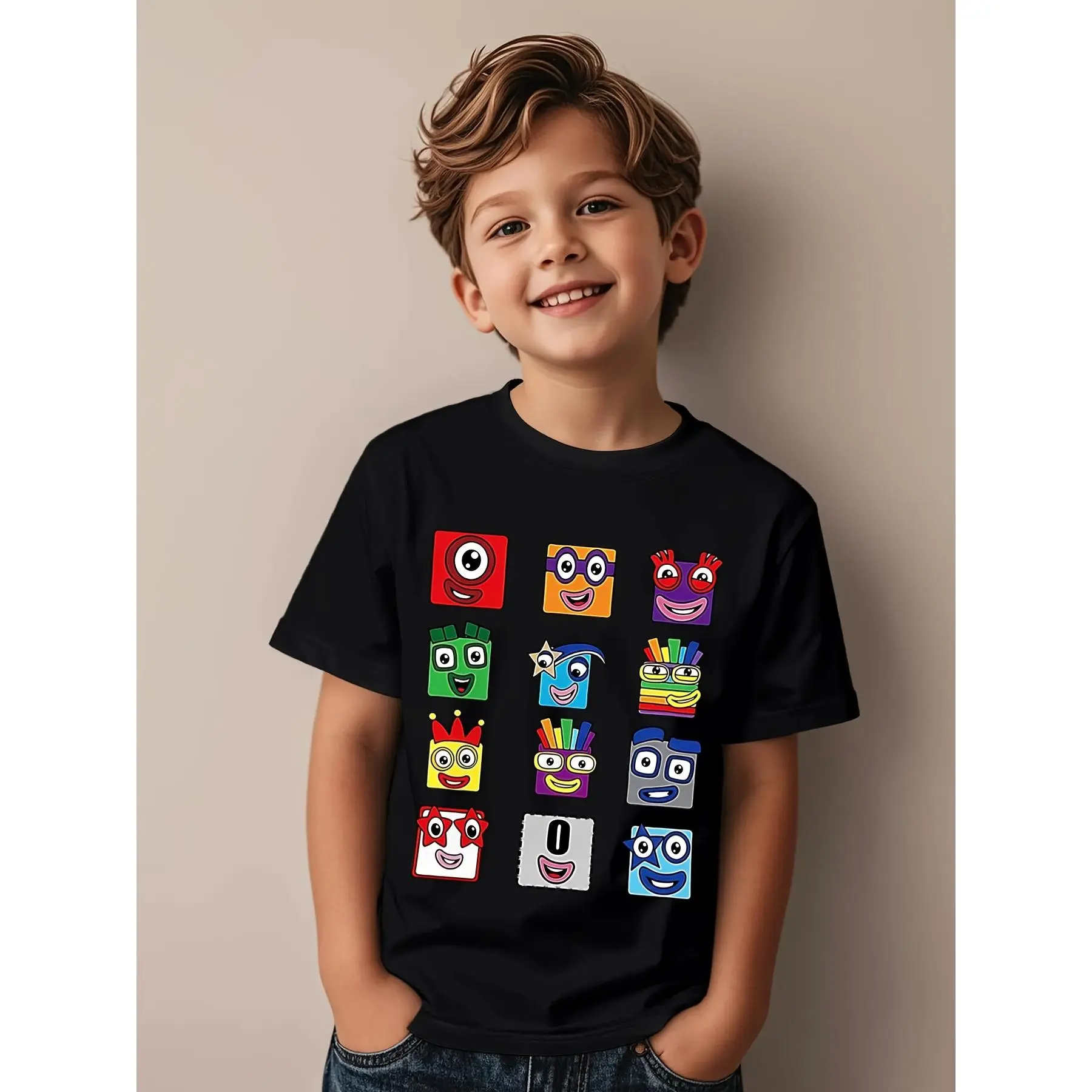 Boys' 100% Cotton Numberblocks Cartoon Print Tee - Casual Short Sleeve, Crew Neck, Drop Shoulder, Regular Cut Educational Playwear for Holiday, Ages 3-13Y (4-5Y,5-6Y,10-11Y,11-12Y) Athletic Kids' Top