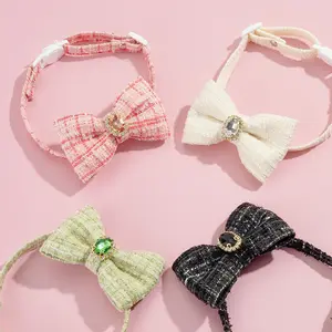 Cat Collar with Bow Tie and Rhinestone - 1Pcs Pet Braided Plaid Vintage Pink Bow Tie Kitten Collar with Safety Elastic Strap,Adjustable Small Cat Dog Pet Collars for Boy Girl Cats