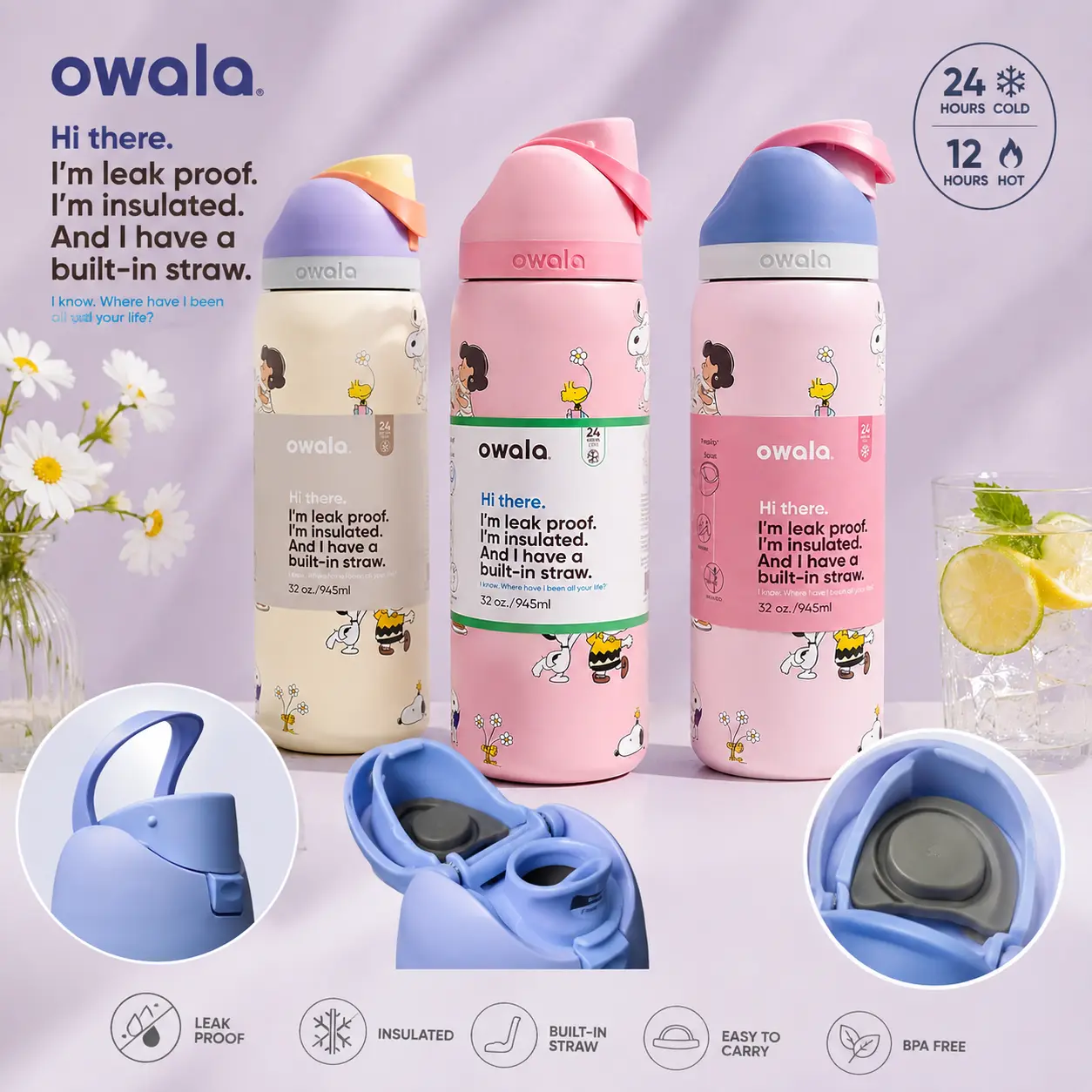 New 2026 Owala FreeSip 32oz Cute Black & White Insulated Water Bottle, Leakproof Built-in Straw, BPA-Free Stainless Steel, 24H Cold 12H Hot, Travel Gym Bottle
