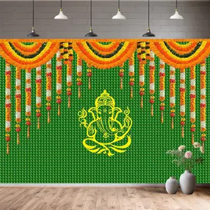 7x5FT India Pooja Traditional Backdrop Marigold Green Banana Leaf Chatiya Ganesh Traditional Festival Photography Background Puja Ganpati Wedding Party Decoration Photo Props