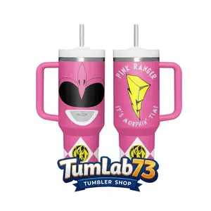 Pink Ranger “It’s Morphin Time” 40oz Insulated Tumbler with Handle & Straw Tumlab73 Shop Gift For Son, Him