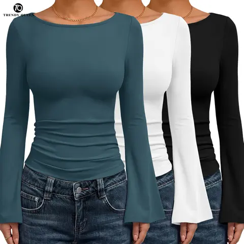 TRENDY QUEEN Women's 3-Piece Long Bell Sleeve Shirts Off-The-Shoulder Neckline Basic Crop Slim Fit Y2K Tops for Fall Fashion & Casual Outings