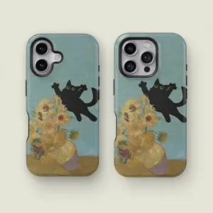 Cute Cat & Sunflower Phone Case – Abstract Aesthetic Cover for 11–17 Pro Max