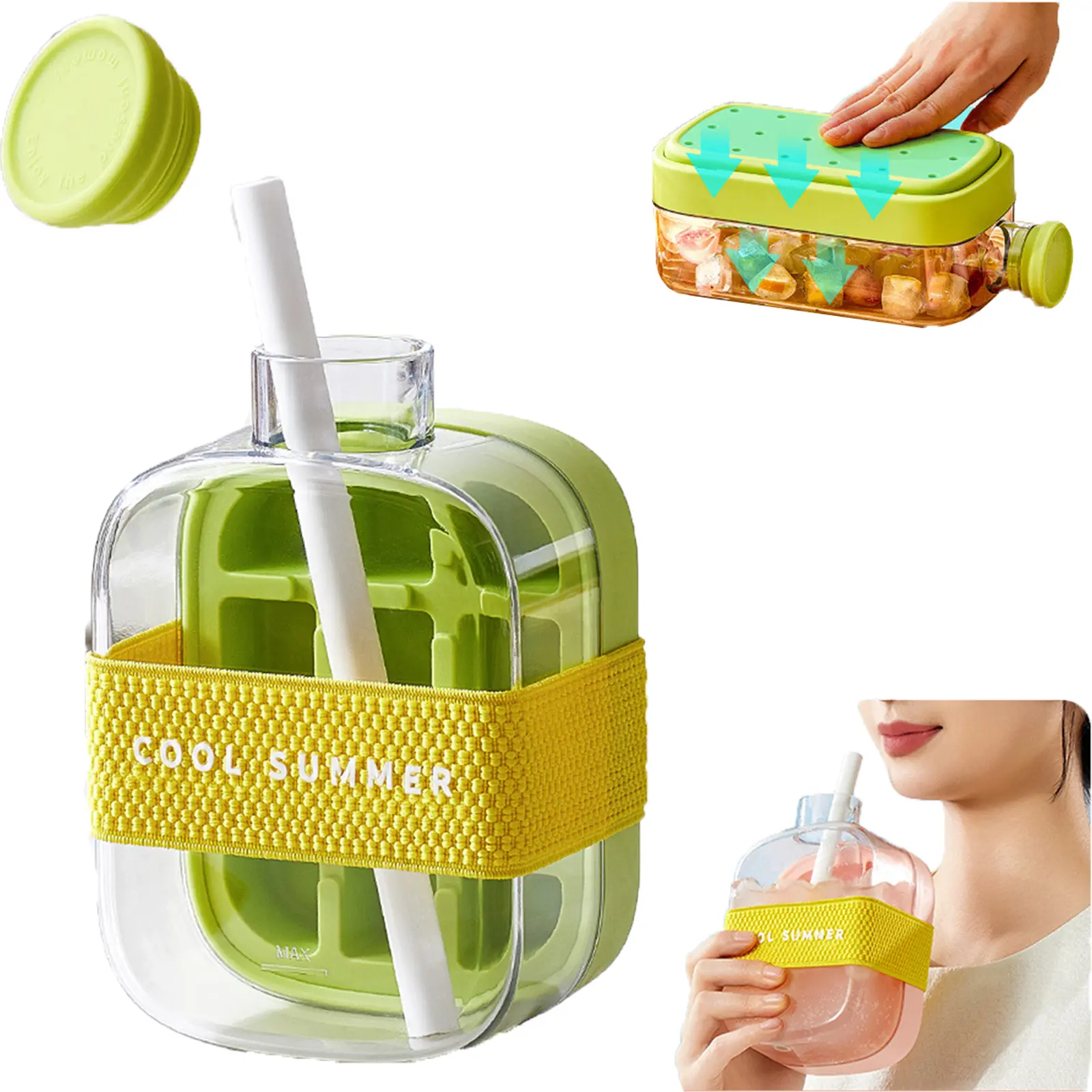 Ice Cube Tray - 2 in 1 Water Bottle Ice Cube Molds & Trays - Square Tray with Lid and Bin Kettle - Portable Pressed Silicone Ice Box with Straw - Ice Mold Freezer Hockey Cocktail Coffee Whiskey Champagne Beer Juice