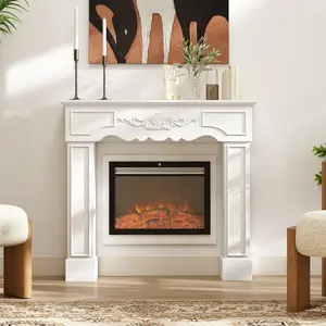 Spacious Top Board Fireplace Surround, White Baroque Mantel with 66 LBS Weight Capacity, Freestanding Frame for Electric Fireplace to Display Vases Photos and Ornaments