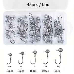 45 Piece Fishing Lead Head Hook Set with Box, Soft Bait Hooks for Sunfish Bass Trout, Saltwater Freshwater Universal Fishing Gear