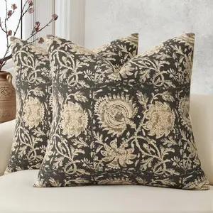 DKwizme Vintage Floral Print Throw Pillow Covers 18x18 Set of 2 Neutral Modern Farmhouse Pillowcases Accent Decorative Cushion Covers Boho Home Decor for Couch Sofa Chair Bed Living Room, Black