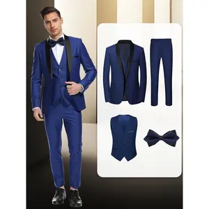 [4pcs Tuxedo Suit] 4pcs Men's Tuxedo Suit | Single Breasted One Button Vest Pants Bow Tie Shawl Collar Flap Pockets for Wedding Party Groom Groomsmen Formal Attire