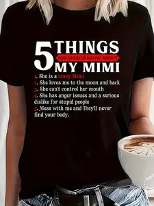 5 Things You Should Know About My Mimi" Graphic Tee - 100% Women'S Short Sleeve Crewneck T-Shirt, Casual Black Top with Fun Mimi Definition, Machine Washable