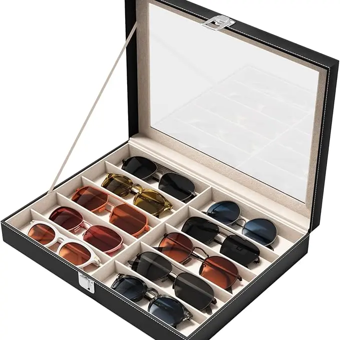 Women's 10-Slot Velvet-Leather Transparent Eyeglass Storage Organiser - Waterproof, Multi-Compartment, Anti-Scratch Case with Cover, Strap, Unisex Fashion Accessory Christmas Gift