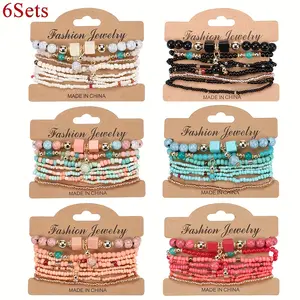6-Set (48Pcs) Vintage Bohemian Bead Stackable Charm Bracelets - Multilayered Stretchy Bangle Jewelry Sets Colorful Mosaic Seeds Beads, Ethnic-Inspired Boho Colorful Beaded Bracelet Set Vintage Elastic Handmade Geometry Beaded Bracelet