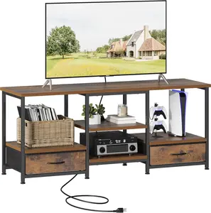 47-inch TV Stand for TVs up to 65 Inch - Modern Console with USB Charging, Open Shelves & Fabric Drawers, Rustic Brown