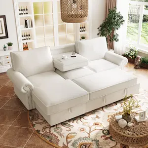 95" Convertible Sectional Sleeper Sofa with Storage Chaise, Pull-Down Backrest, 2 Cup Holders, Arc Armrests Nailhead Trim, Warp Knitting Polyester Fabric, Acacia Wood Frame, Living Room Furniture, Single SKU, Sofa Couch Seating Search Terms