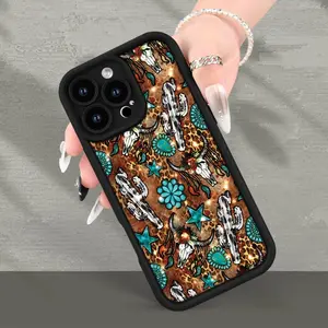 Western Cow Bone And Cactus Pattern Case for iPhone 16 15 14 Pro Max 13 12 11 XR XS E Plus Shockproof Non Slip Military-Grade Protection Silicone Cover