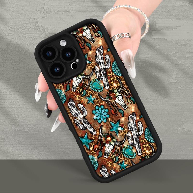 Western Cow Bone And Cactus Pattern Case for iPhone 16 15 14 Pro Max 13 12 11 XR XS E Plus Shockproof Non Slip Military-Grade Protection Silicone Cover