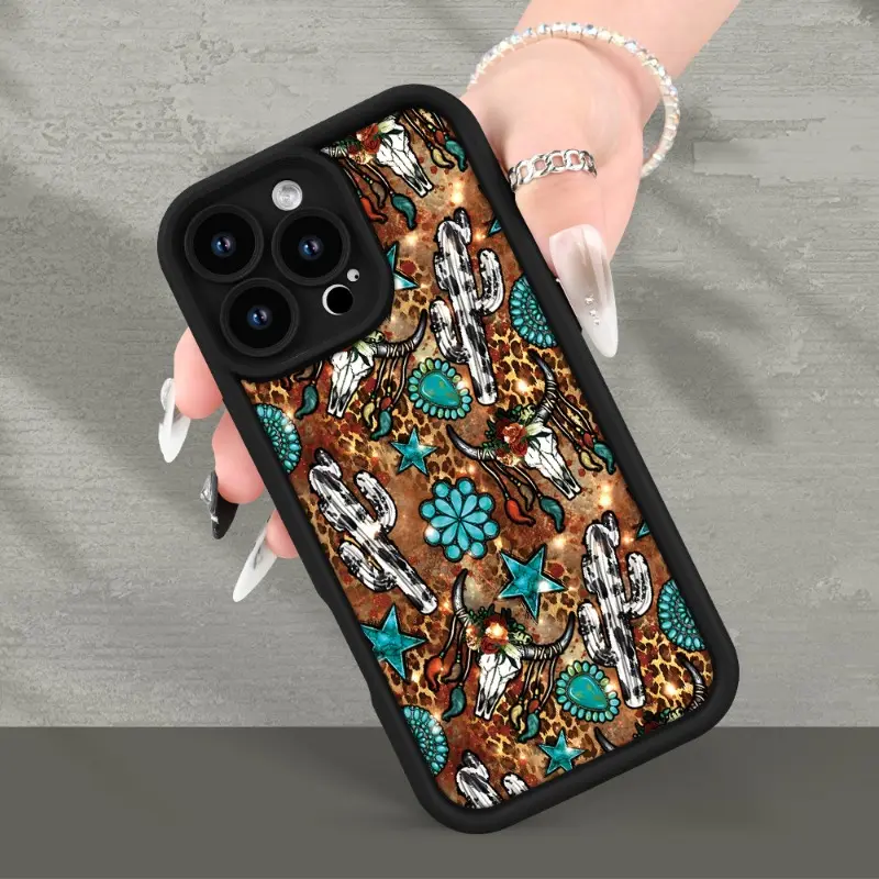 Western Cow Bone And Cactus Pattern Case for iPhone 16 15 14 Pro Max 13 12 11 XR XS E Plus Shockproof Non Slip Military-Grade Protection Silicone Cover