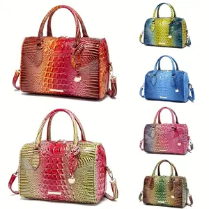 Everyday Elegance| Elegant Women's Crocodile-Embossed Handbag - Luxurious Boston Bag with Vibrant Gradient Colors, Large Capacity, Faux Leather, Zip Closure, Detachable Shoulder Strap for Daily Use & Parties