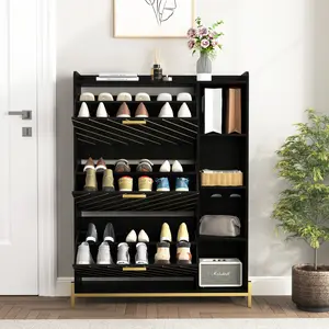 HAOYYE Modern Slim Shoe Cabinet With 3 Flip Drawers And Open Shelves, Wood Freestanding Shoe Organizer, Narrow Hidden Shoe Storage For Heels, Boots, And Slippers, Sturdy Entryway Shoe Rack For Entrance