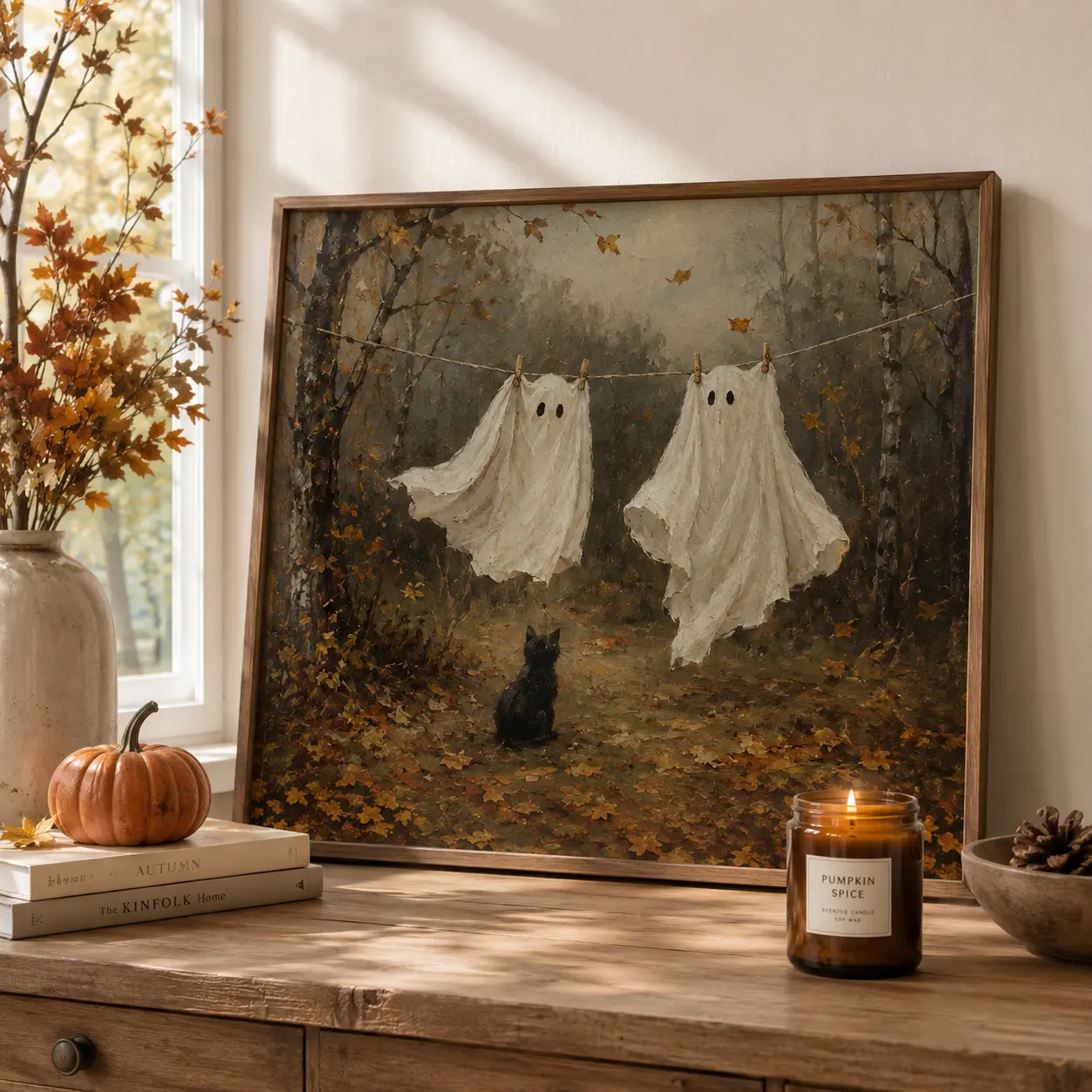 Ghost Laundry Wall Art, Black Cat Halloween Poster, Vintage Style Autumn Forest Print, Spooky Cottagecore Fall Decor, Halloween Gift