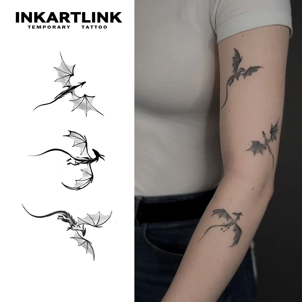 INKARTLINK Realistic Temporary Tattoos for Adults - 2 Sheets, 1 Dragon Design, Long-Lasting 1-2 Weeks, Waterproof, No Adhesive, No Reflection, All Skin Types, Single Item, Ideal for Swimming, Parties