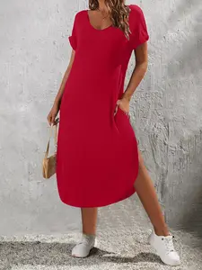 Women's Summer Pure Color Knit Elegant V-Neck Dress, Side Slit Pocket Detail Casual Mid-Length Dress, Stylish and Comfortable