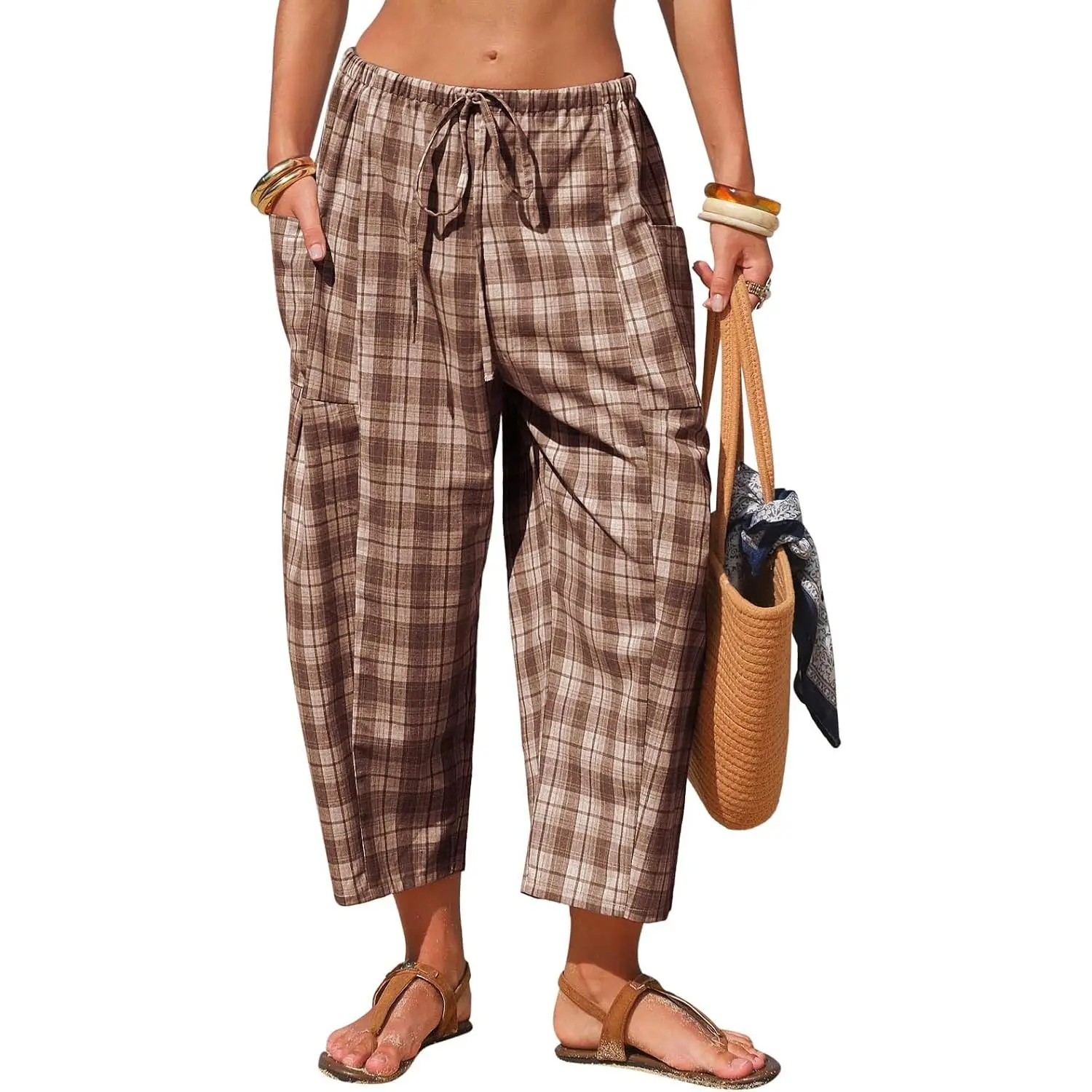 Womens Faux Linen Gingham Capri Pants Summer Cotton Barrel Pants | Casual Flowy Harem Pants, Boho Plaid Palazzo Trousers,Drawstring Elastic Waist Cropped Pants, Beach Vacation,Lounge, Pockets