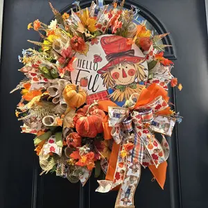 Fall Wreath for Door Scarecrow Wreath with Pumpkin and Hello Fall Sign Autumn Decorations