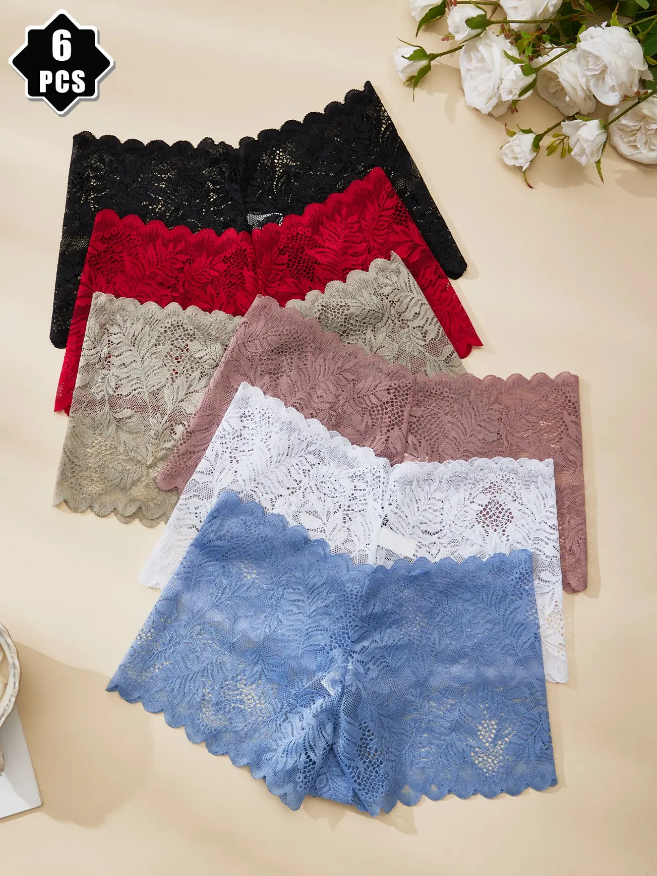 6-Pack Women's Lace Panel Boxer Shorts, Fashionable, Sexy and Elegant Floral Black Underwear, Soft, Comfortable, Breathable and Fitted Lingerie, Soft Comfy Panty, Romantic Valentine's Day and Christmas Gift, Low-Waist Boxers, Panties, Drop Waist Panty