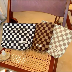 Women Portable Makeup Bag, Corduroy Chessboard Pattern Handbag, Travel Toiletries Organizer, Phone Storage Pouch, Essential Carry-On Item