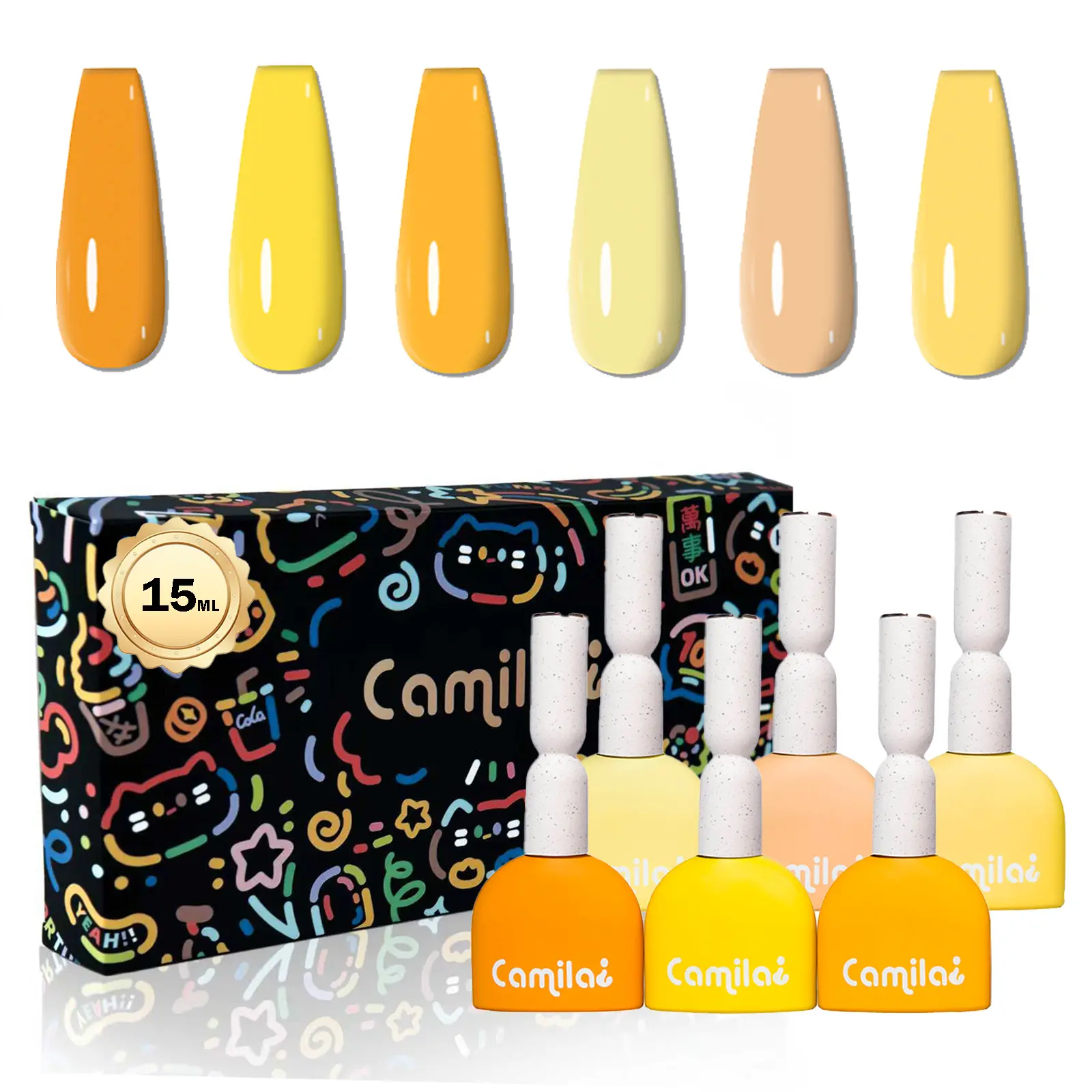 Camila HEMA-Free & TPO-Free Gel Nail Polish Set, 6PCS 15ml Yellow Sunshine Shades, Long-Lasting Soak Off UV Gel for DIY Nail Art