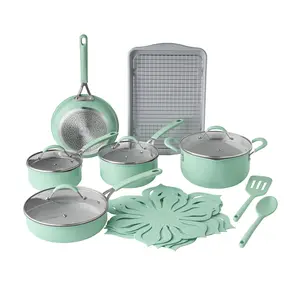 The Pioneer Woman Sutton 17-Piece Ceramic Cookware Set with Strainer Lids and Cookie Sheet with Rack, Green Gibson Overseas Inc.