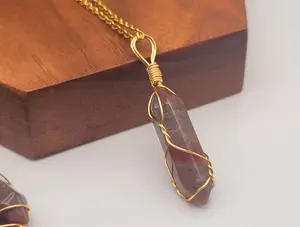 Indian Agate Point Necklace Gold Wire Wrapped Healing Crystal Point