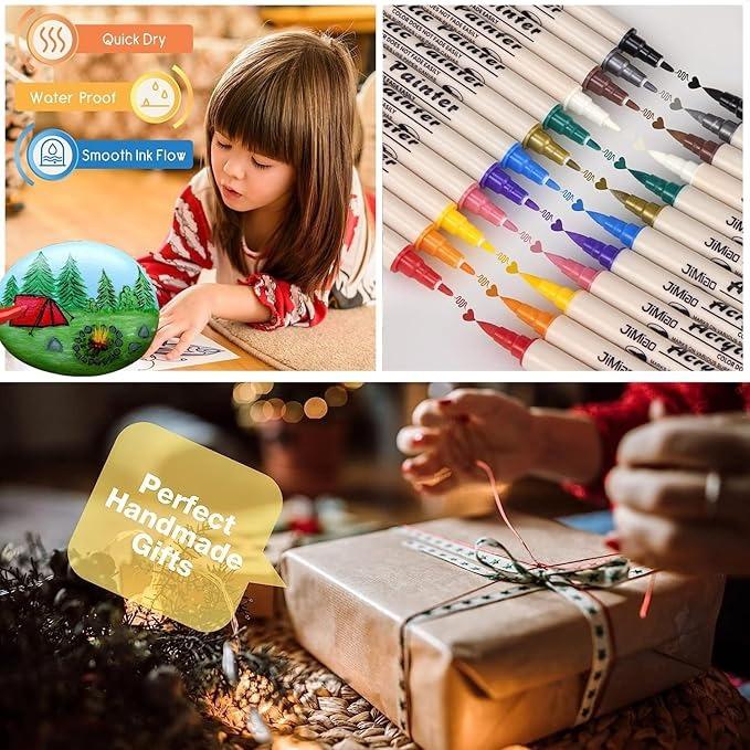 12-Piece 24-Color Dual Tip Acrylic Paint Markers set features both fine and broad tips for versatile detailing and filling, delivering excellent coverage with vibrant professional-grade paint for all your creative projects.