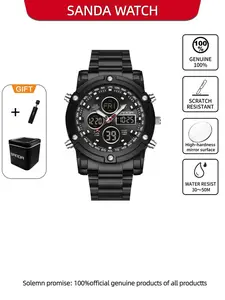 Sanda Dual Display Electronic Watch Multi functional Steel Strap Large Dial Men's Waterproof Watch Three Time Outdoor Sports Watch Trendy Sports Style Men's Watch