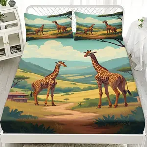 2/3pcs Giraffe And Natural Scenery Background Series Bed Cover Set, Suitable For Bedrooms, Hotels, Dormitories And Other Places, Machine Washable (1 Bed Cover +1/2 Pillowcase, Core-free)