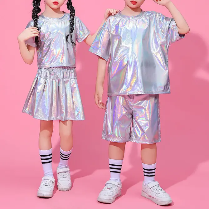 Kids' Costume, Metallic Tech-Inspired Street Dance Outfit for Children's Hip Hop, Jazz, and Cheerleading Performances