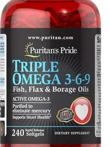 Puritan's Pride Premium Triple Active Omega 3-6-9 Fish, Flax, and Borage Oils, Dietary Supplement for Heart, Joint, and Cellular Health Support, 240 Rapid Release Softgels