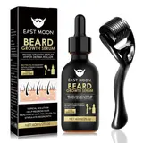 East Moon Beard Growth Kit - Beard Growth Serum & Derma Roller, 60ml Nutritional Oil for Thicker Shiny Beards, Fuller Beard Growth, Fills Patchy Spots Fast, Daily Beard Care Tools, Men's Grooming Gifts, Father's Day Gifts