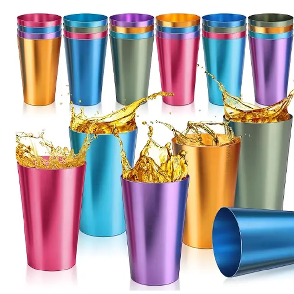 16oz Aesthetic Eco-Friendly Insulated Durable Multi Color 6 Pack Retro Reusable Tumblers - Stainless Steel, Aluminum - Gold, Silver, Rainbow Finishes - For Iced Water, Coffee (4-12 Pack Options)
