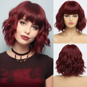BESTUNG Short Burgundy Wigs for Women Wine Red Wavy Wig with Bangs,Dark Red Bob Wig Synthetic Hair Water Wave Medium Length Colorful Wigs（12 Inches）