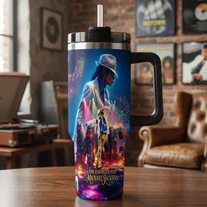 Michael Jackson King of Pop 40oz Tumbler with Handle Straw Stainless Steel Vacuum Insulated Travel Mug 2-in-1 Direct Sip & Soft Straw Lid, Leak-Resistant Ice Cup