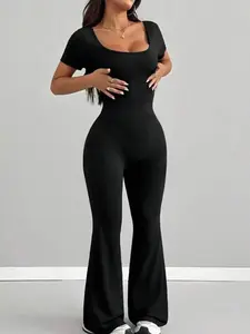 Plus-Size 1 Piece Short Sleeve U-Neck Flared Jumpsuit Overalls Casual Streetwear Style Trend Stretchy Slim-Fit Fabric and Leg Detail For Curvy Women Daily Outings Brunch Fashion timeless piece easy care