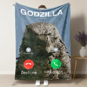 Godzilla Is Calling Funny Incoming Call Graphic Plush Blanket, Retro Monster Movie Meme Soft Fleece Throw Blanket, Perfect for Godzilla Fans, Monster Movie Lovers & Fun Home Decor