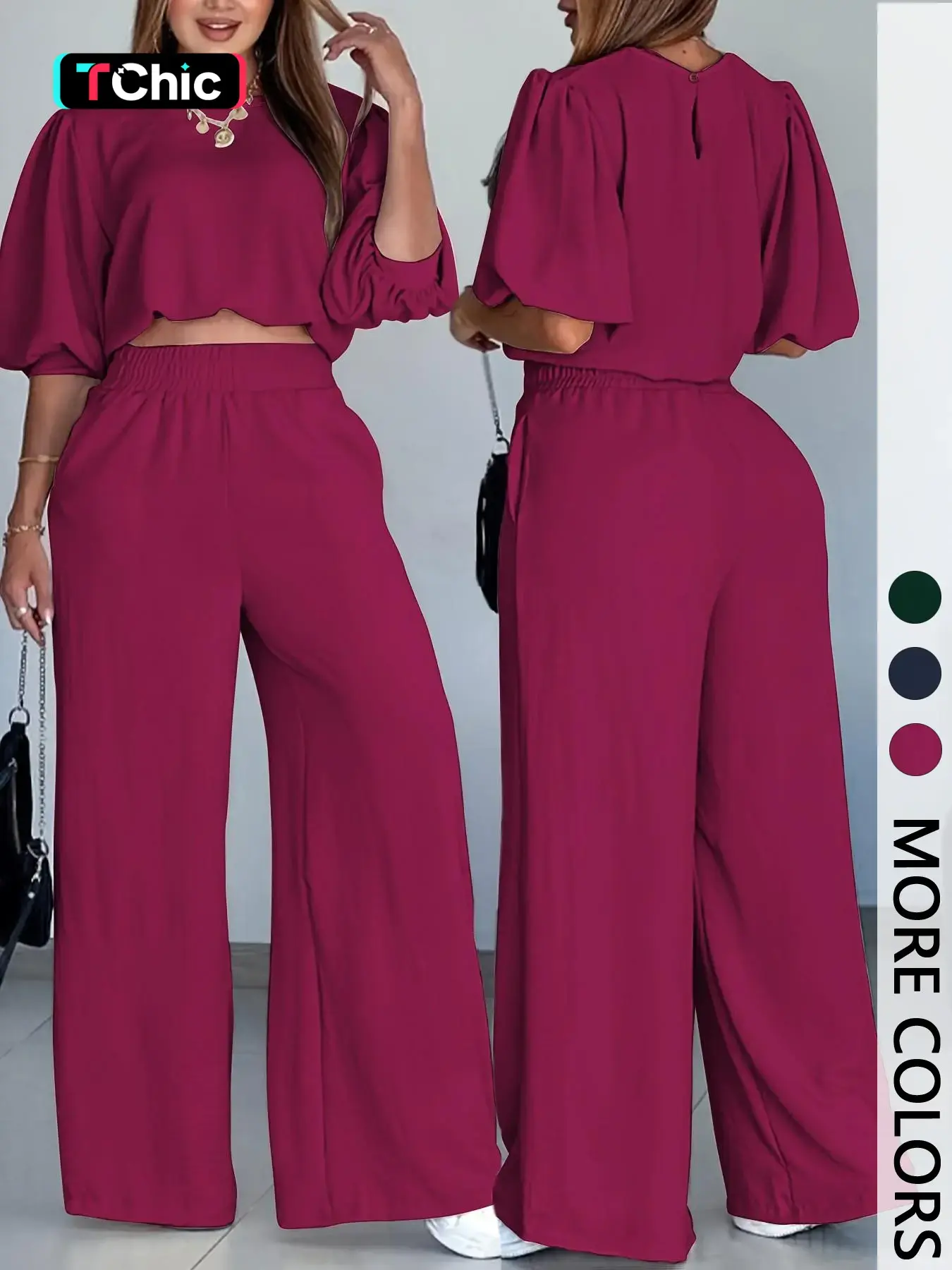 Women's Casual Two-Piece Set, Lantern Sleeve Short Top + High Waist Wide Leg Pants (elastic Waistband Pockets) Womenswear