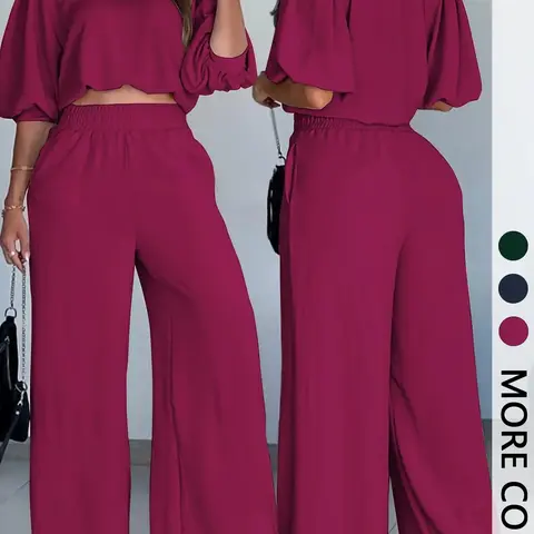 Women's Casual Loose Two-Piece Set, Lantern Sleeve Short Top + High Waist Wide Leg Pants (elastic Waistband Pockets) Womenswear