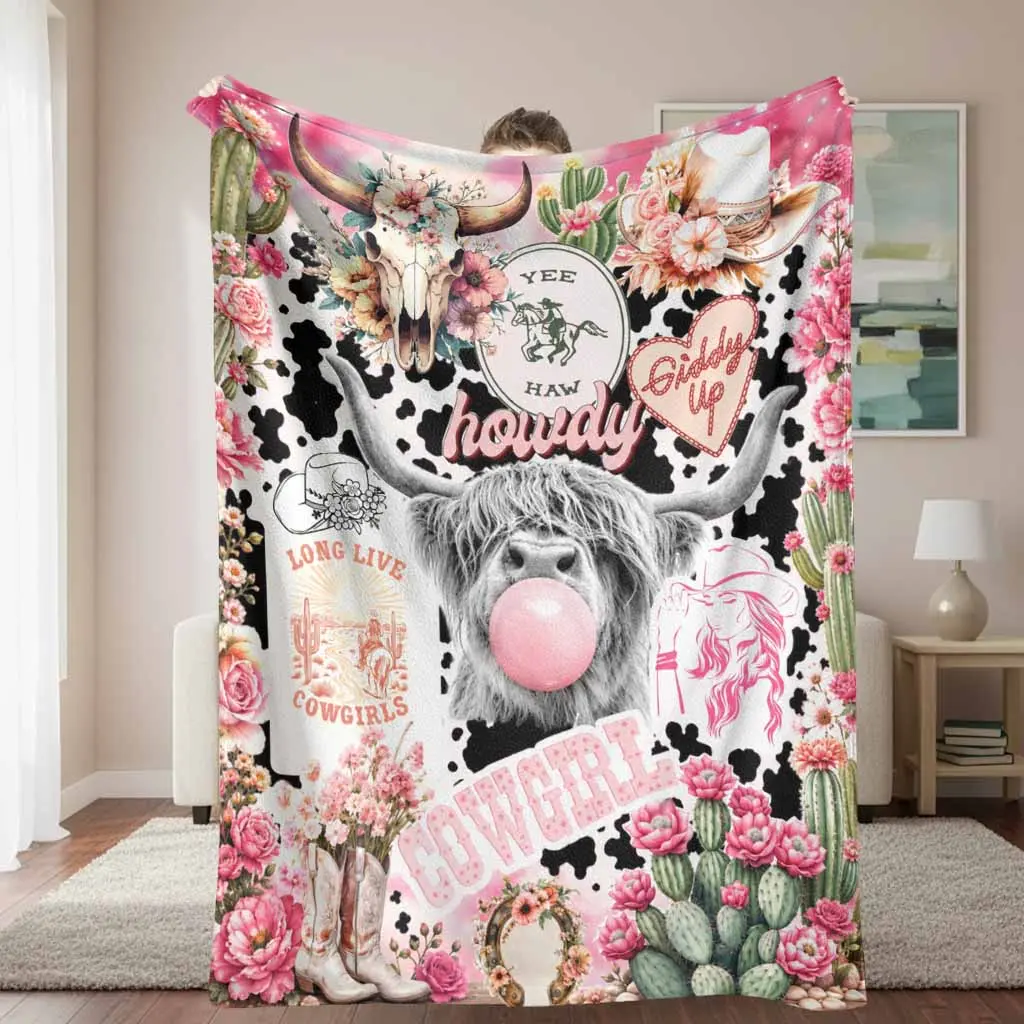 Western Cowgirl Flannel Throw Blanket - Retro Yee Haw Howdy Giddy Up, Floral Cactus & Cow Print, Soft Cozy Durable Breathable Wrinkle Resistant Lightweight, Western Bedroom Decor, Ideal Gift for Travel & Daily Office Life