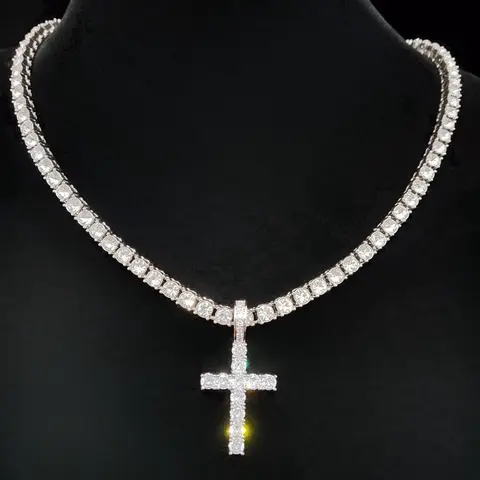Artificial Zircon Inlaid Cross Pendant Necklace, Punk Style Accessory Necklace for Party, Daily Decor, Trendy All-match & Exquisite Hip Hop Jewelry for Birthday Gift, Zirconia Cross Pendant, Zircon Stones Necklace, Cross Design Necklace