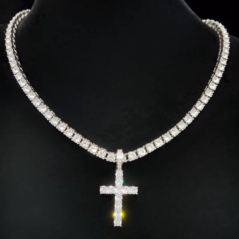 Artificial Zircon Inlaid Cross Pendant Necklace, Punk Style Accessory Necklace for Party, Daily Decor, Trendy All-match & Exquisite Hip Hop Jewelry for Birthday Gift, Zirconia Cross Pendant, Zircon Stones Necklace, Cross Design Necklace